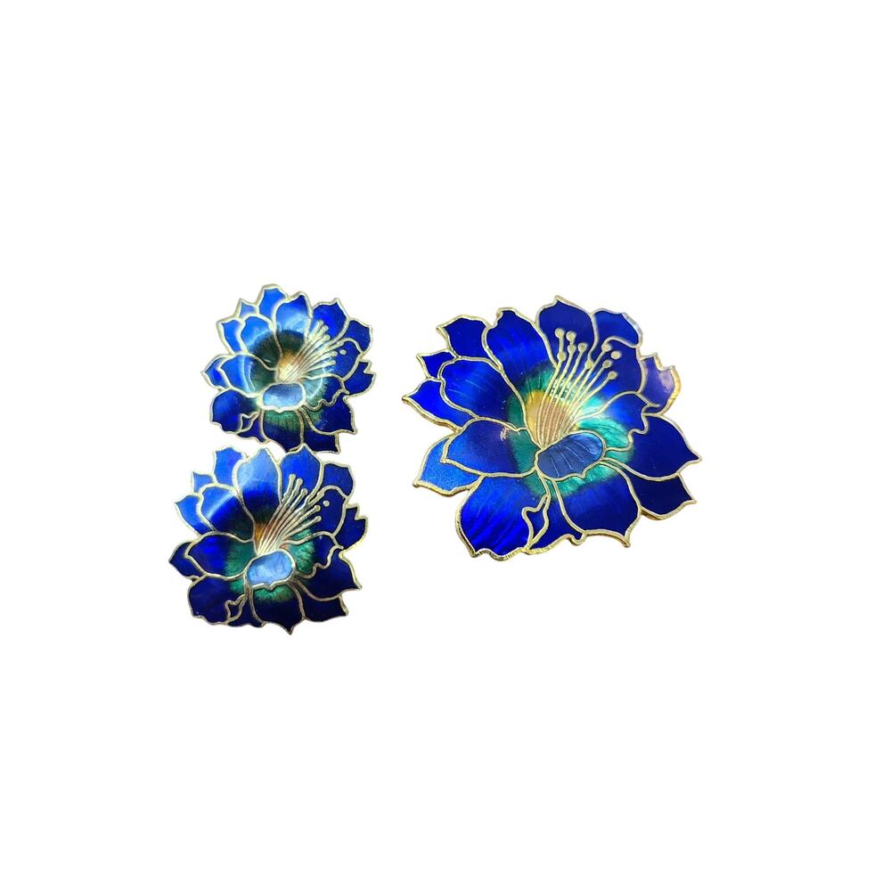 Vtg Cloisonne Blue Hibiscus Pierced Earrings & Matching Brooch
